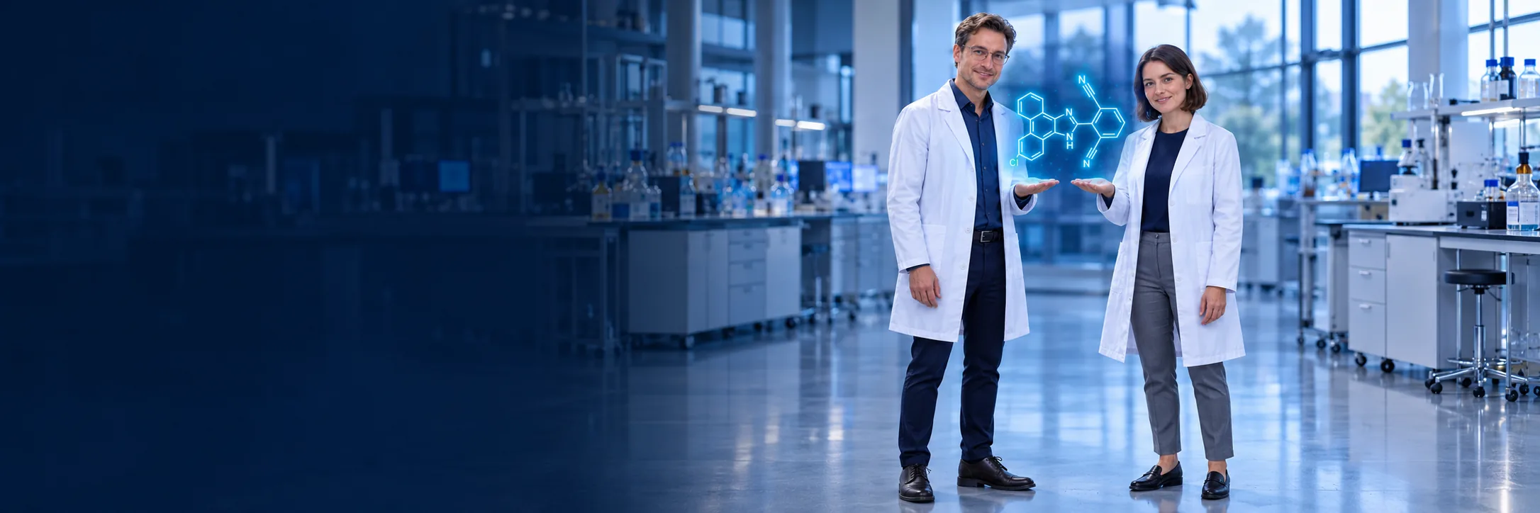 Blue daylight laboratory; on larger screens, two young chemists present a conceptual molecular visualisation above their open hands